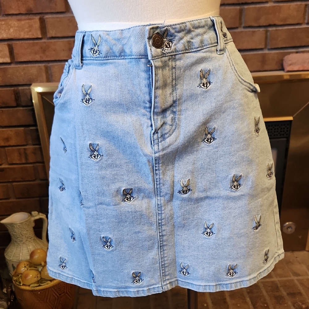 Looney Tunes Bugs Bunny Denim Mini Skirt Size 14 5 Pocket Embroidered
